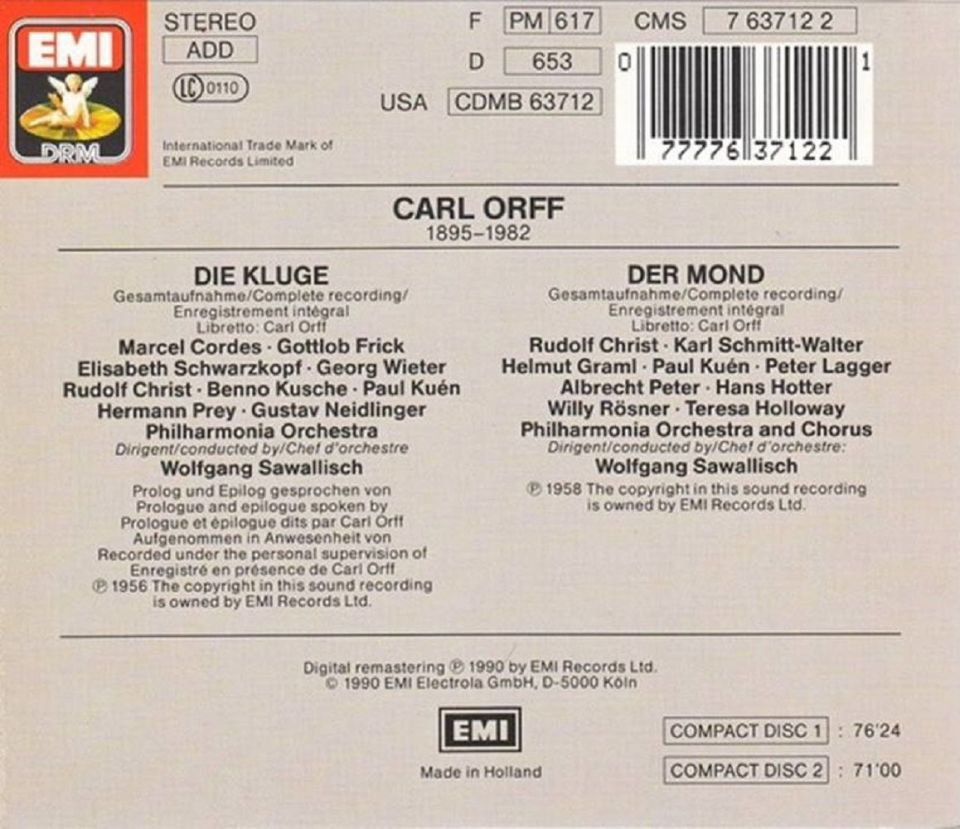 CARL ORFF - DIE KLUGE / DER MOND (2 CD) (1990)