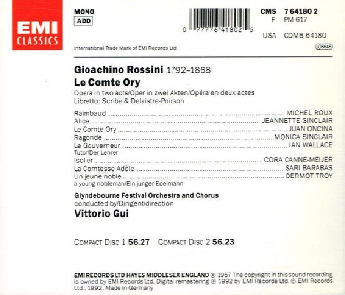 ROSSINI - LE COMTE ORY ONCINA, BARABAS, ROUX, CANNE-MIJER,GLYNDEBOURNE FEST. ORCHESTRA AND CHORUS VITTORIO GUI