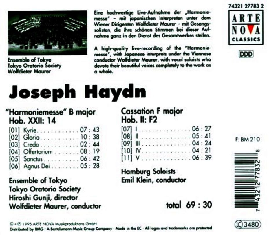 HAYDN JOSEPH - HARMONIEMESSE CASSATION F MAJOR ENSEMB OF TOKYO-TOKYO ORATORIO SOCIETY MAURER HAMBURG SOLOISTS KLEIN (CD) (1995)