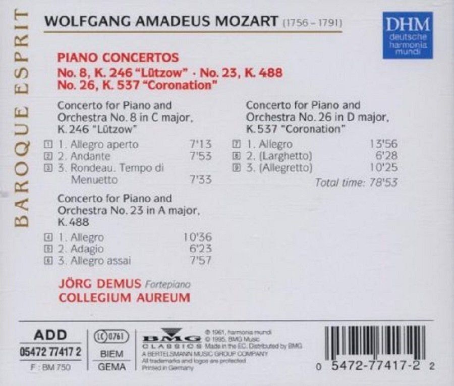 MOZART WOLFGANG AMADEUS - KLAVIERKONZERTE NO. 8, K.246 NO.23, K.488 NO.26 K.537 'CORONATION' JÖRG DEMUS COLLEGIUM AUREUM