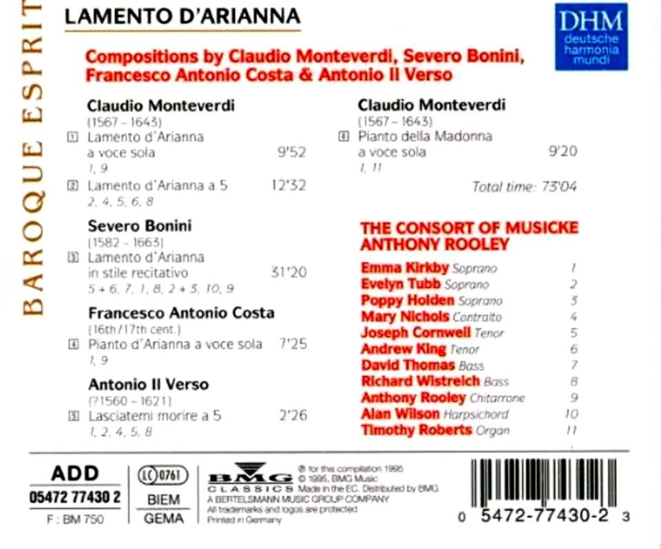 MONTEVERDI, BONINI, COSTA, VERSO - LAMENTO D'ARIANNA (CD) (1995)