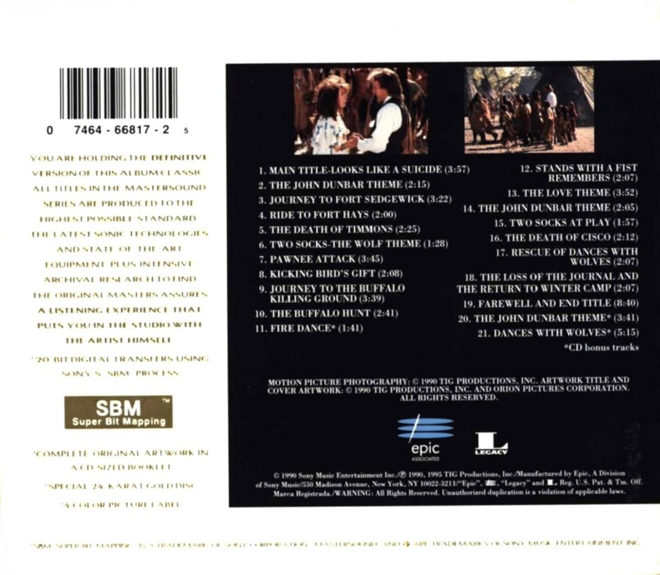 DANCES WITH WOLVES  - SOUNDTRACK (CD) (1990)(COLLECTORS EDITION) MASTER SOUND SPECIAL 24-KARAT GOLD DISC