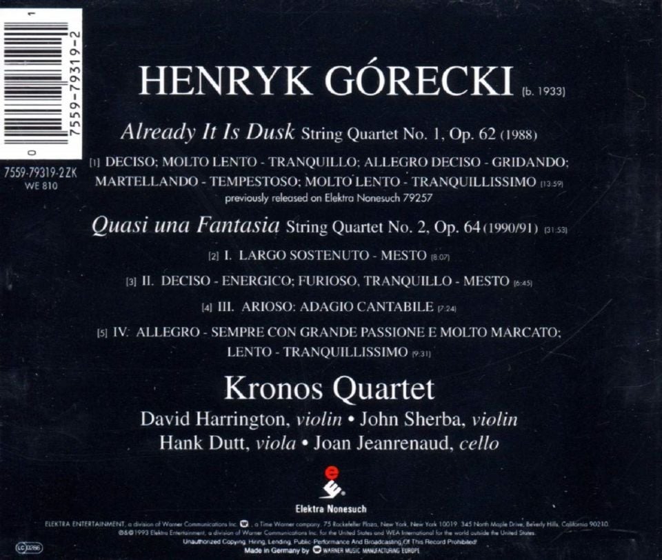 GORECKI - KRONOS QUARTET STING QUARTET NO.1 OP.62 STRING QUARTET NO.2 OP.64