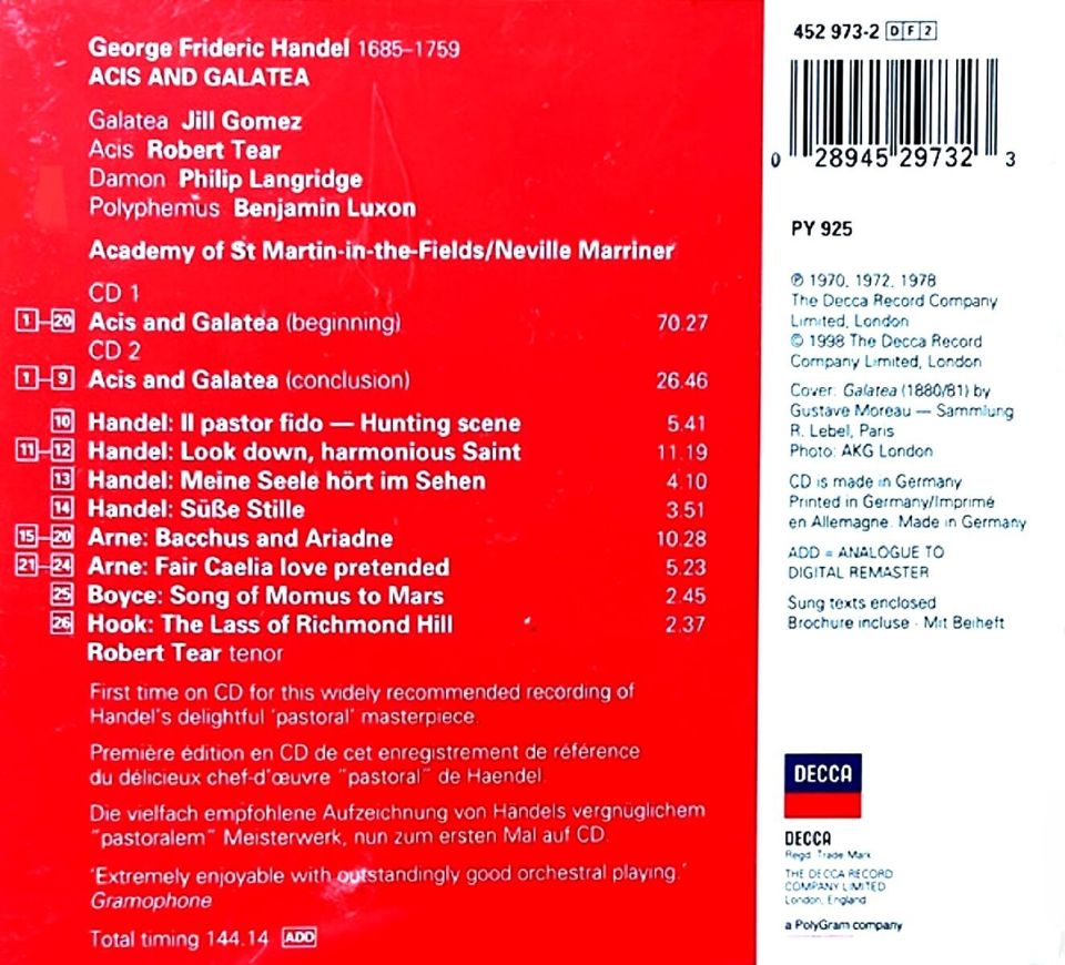 HANDEL - ACIS AND GALATEA (ACADEMY OF ST MARTIN-IN-THE-FIELDS NEVILLE MARRINER) (CD) (1998)
