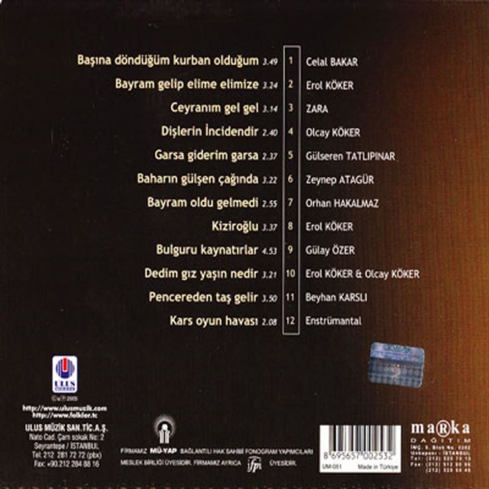 TÜRKÜLERLE TÜRKİYE (TÜRKİYE WITH FOLK SONGS) - 36 KARS (CD)