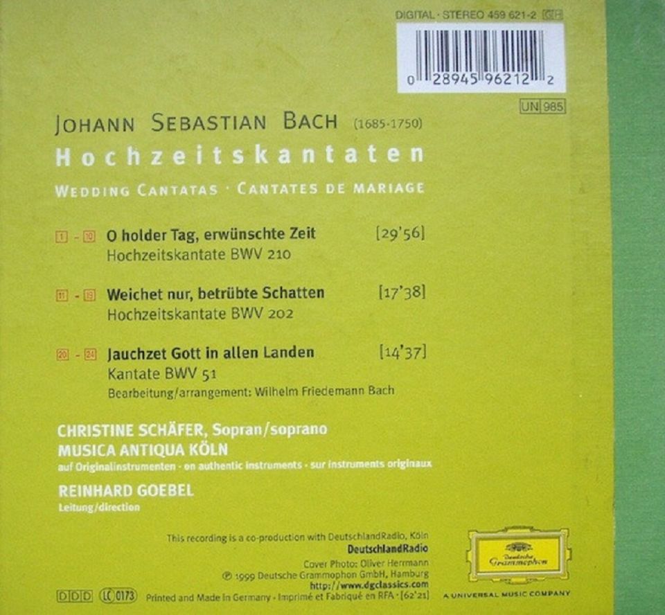 CHRISTINE SCHAFER - BACH HOCHZEITSKANTATEN (WEDDING CANTATAS) (CANTATES MARIAGE) (CD) (1999)