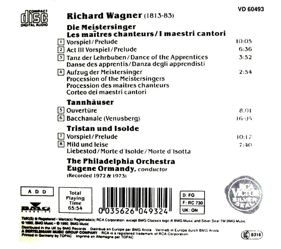WAGNER - TRISTAN TANNHAUSER MEISTERSINGER ORMANDY (CD)(1990)