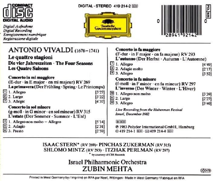 VIVALDI, ANTONIO - LE QUATTRO STAGIONI (THE FOUR SEASONS) (CD) (1983)