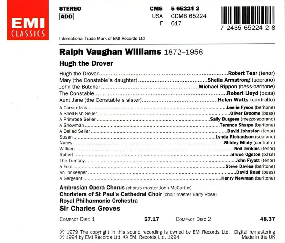 VAUGHAN WILLIAMS - HUGH THE DROVER (2 CD) (1994)