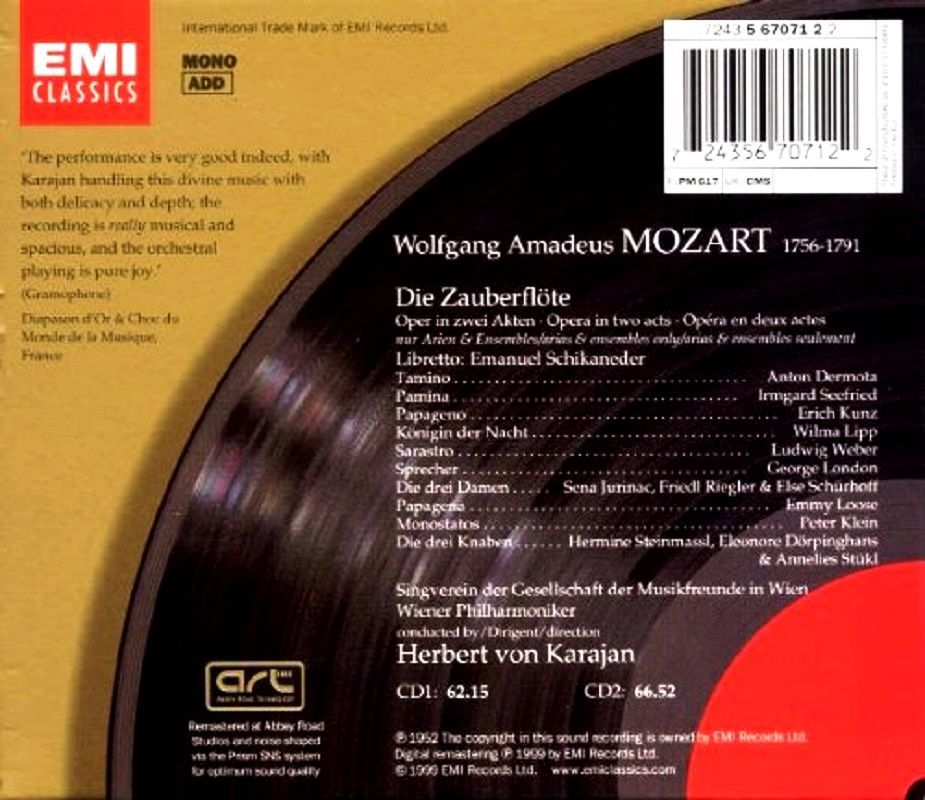 MOZART WOLFGANG AMADEUS - DIE ZAUBERFLOTE  HERBERT VON KARAJAN (2 CD) (1999)