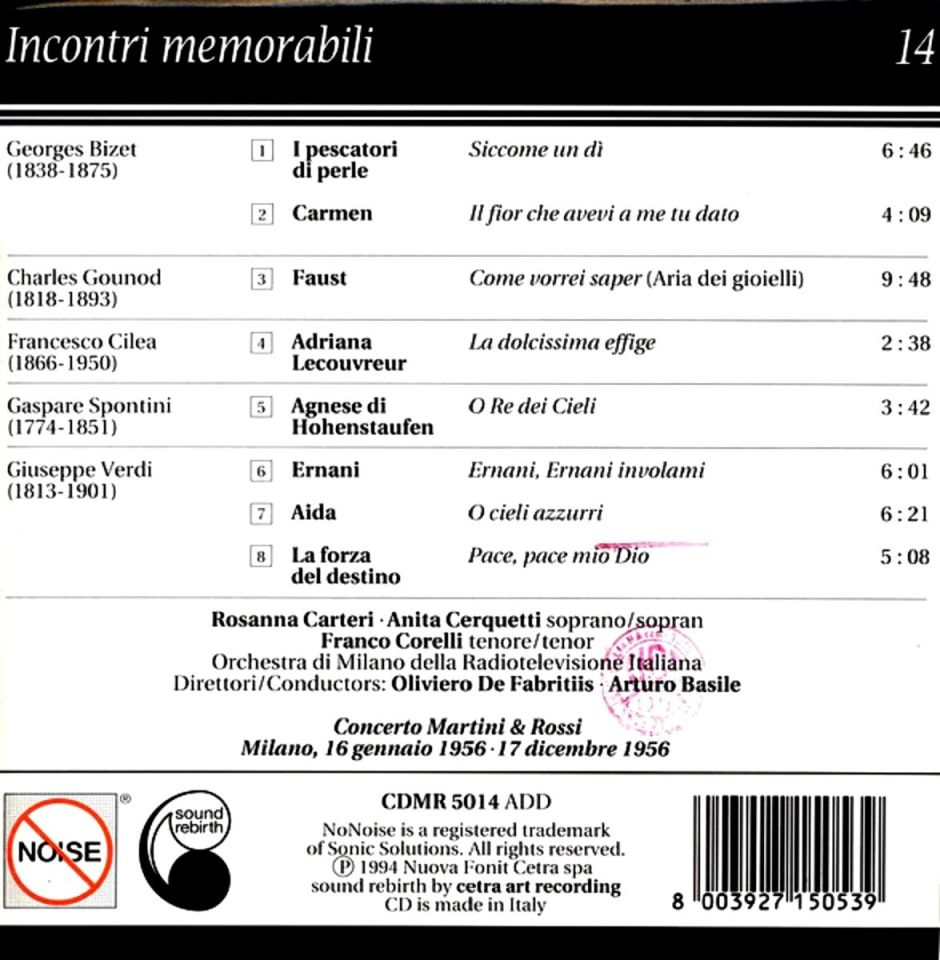 ROSANNA CARTERI, FRANCO CORELLI & ANITA CERQUETI - INCONTRI MEMORABILI No.14 (CD) (1994)