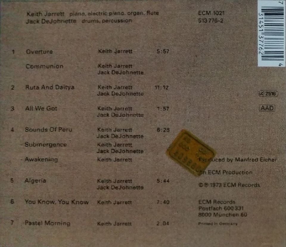 KEITH JARRETT & JACK DEJOHNETTE - RUTA AND DAITYA (CD) (1973)